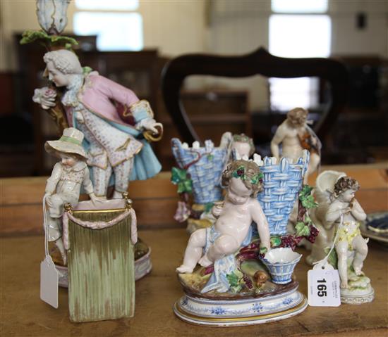 Pair porcelain cherub vases & 4 figures(-)